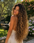 Brasilianische Frau von hinten mit extrem langem lockigem Haar und warmer Balayage mit schönen Caramel- und Honig-Farbverläufen bei Hair Experience Coiffeur in Wetzikon.