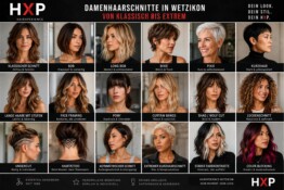 Übersicht moderner Damenhaarschnitte bei Hair Experience Coiffeur in Wetzikon mit Bob, Pixie, Long Bob, Lockenschnitt, Undercut, Hairtattoo und starken Farbkontrasten.