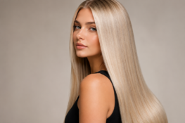 Blonde Frau mit langem, perfekt glattem und glänzendem Haar nach chemischer Haarglättung beim Coiffeur HairXperience in Wetzikon
