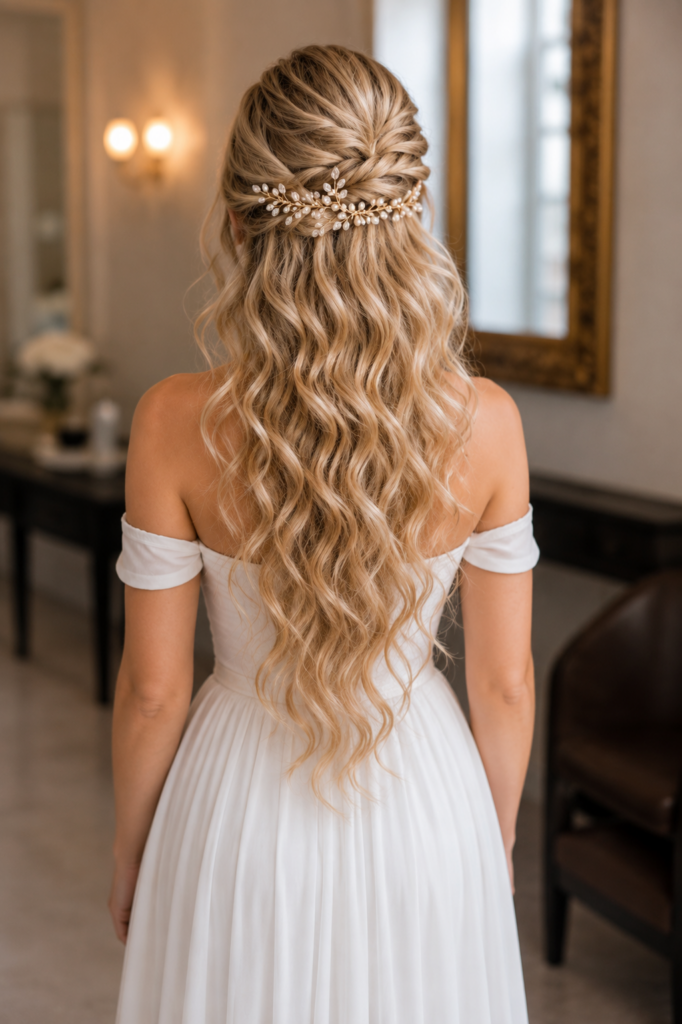 Blonde Frau mit lockerer Galafrisur, grossen Locken und farbigen Blumen beim Coiffeur HairXperience in Wetzikon